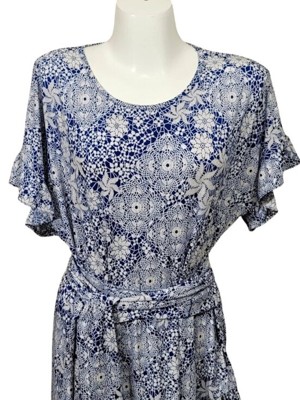 Michael Kors Blue White Print Belted Layered Ruffle Dress XXL - Picture 3 of 10